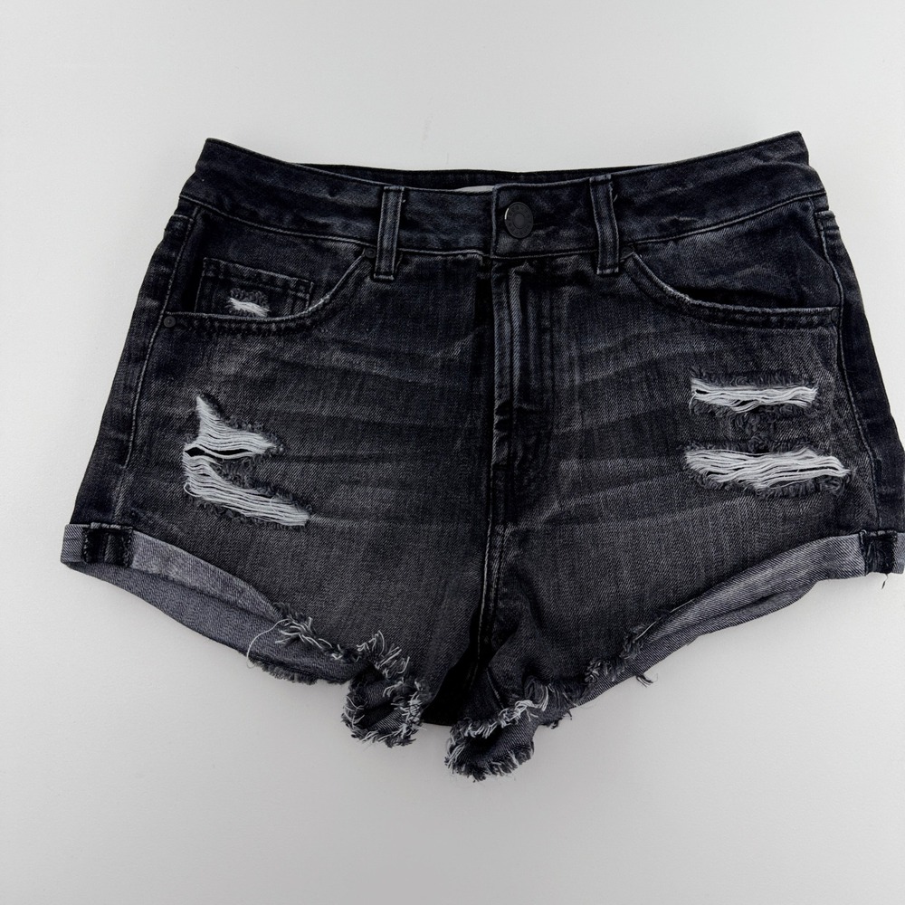 Refuge Women Distressed Black Denim Shorts Size 2 High Waisted Frayed Hem Cutoff